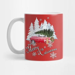 Traditional Old Fashioned Farmhouse Christmas Design: Vintage Car Hauling Tree in Snow Merry Christmas Mug